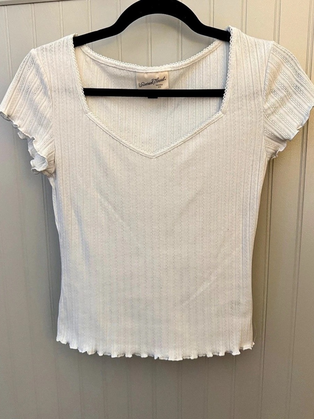 Ribbed V-Neck Top White Size Medium